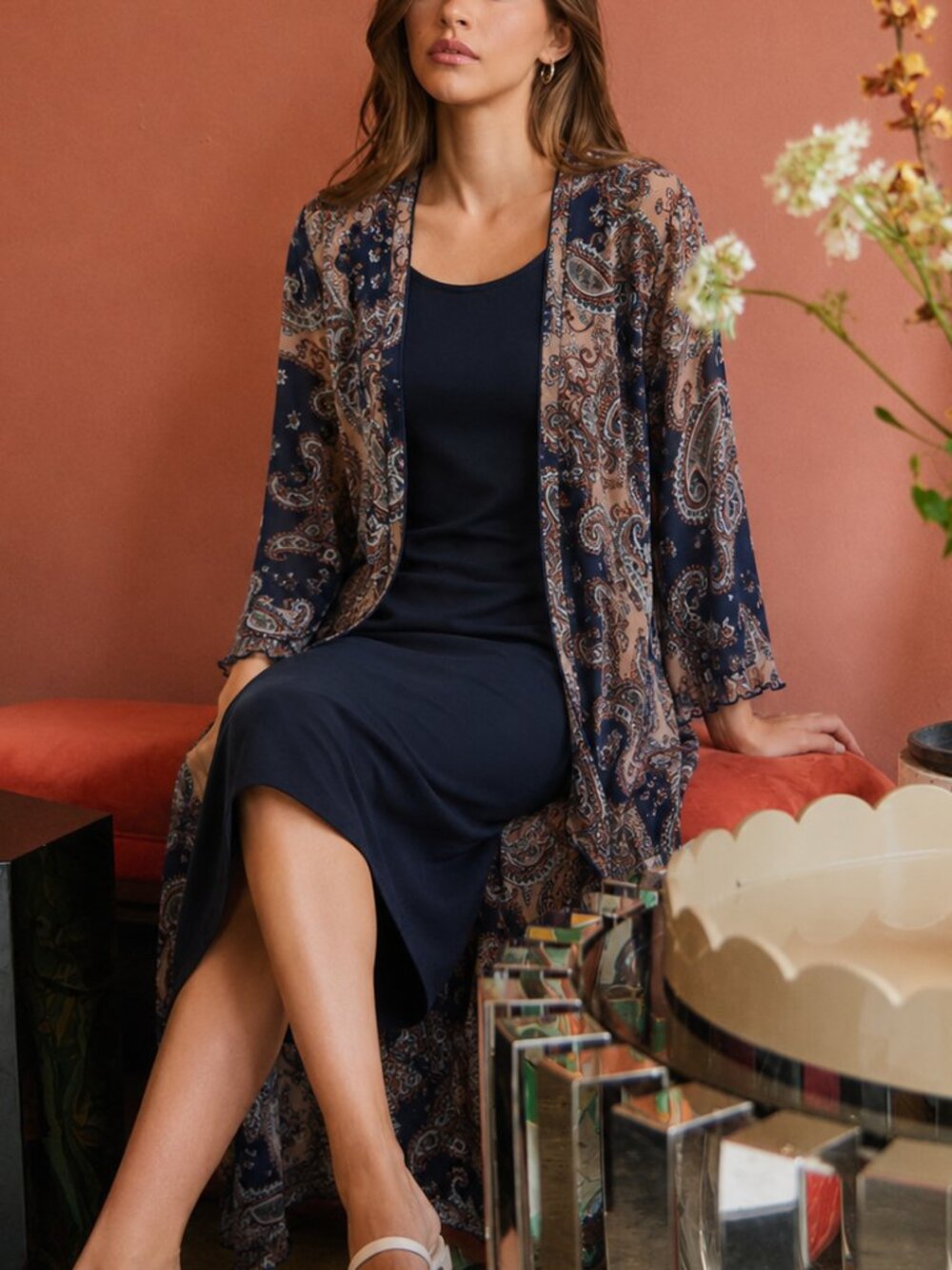 Stella & Julie Navy Dress with Paisley Kimono Overlay